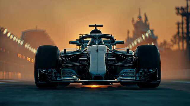 Formula One car driving into sunset with dramatic light and rising track haze. Concept of racing promotion, sports advertising, event branding and emotional anticipation.