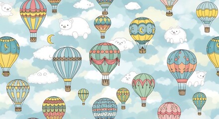 Whimsical Hot Air Balloon Pattern with Clouds and Cute Cats.