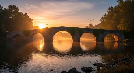 Sunrise Serenity - A Stone Bridge Reflecting Golden Light in Calm Waters.