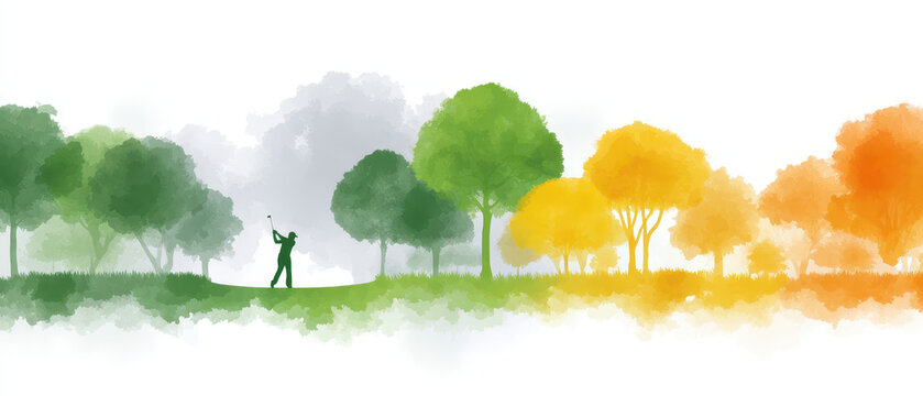 Vibrant golf banner showcases golfer in action against beautiful background of colorful trees. scene captures essence of nature and sport, evoking sense of tranquility and excitement