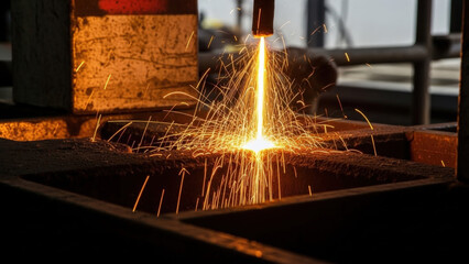 Welding sparks cascading over metal surface in industrial setting. Welding process produces bright sparks and molten metal, showcasing skilled craftsmanship in oil rig construction.