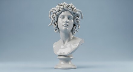 Minimalist White Medusa Bust Sculpture 3D Render on a Simple Blue Background