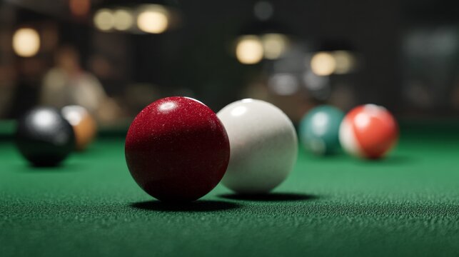 In a dimly lit billiards hall, two balls sit poised on a green felt table as eager players prepare to take their shots. The atmosphere is lively yet intimate, filled with excitement
