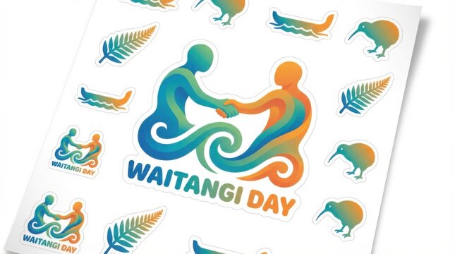 gradient mixed sticker set template for waitangi day new zealand illustration template featuring meeting of two stylised figures with wave patterns on pure white background isolated for easy use