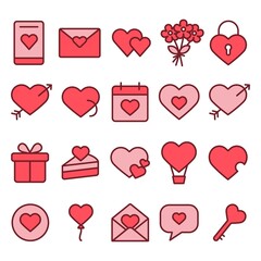 
An illustration depicting a set of bright icons in honor of Valentine's Day, on a white background.