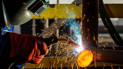 Welding operation with sparks from oil rig facility. Worker in protective gear operates welding torch creating bright sparks in industrial environment. Concept of metalwork in oil industry.