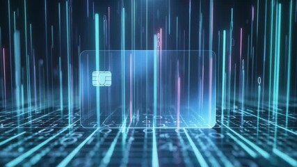 Futuristic digital credit card floating among neon data streams representing secure financial transaction technology and global banking - Powered by Adobe