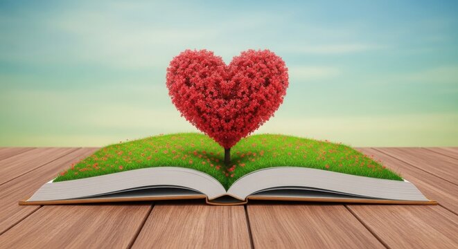 3D Render of Open Book with Green Grass and Red Heart-Shaped Tree