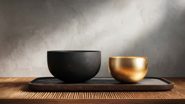 Minimalist Still Life Featuring Black And Gold Bowls Placed On Brown Wooden Surface With Textured Grayish White Wall Backdrop In Soft Studio Lighting Composition