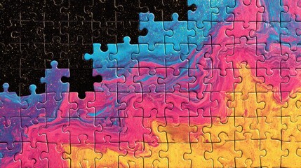 Colorful abstract puzzle with bright swirls and black space background, Brain Teaser Month