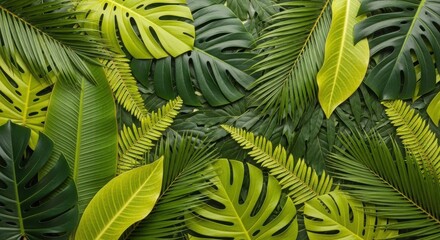 Dense arrangement of dark green and bright lime tropical leaves texture background
