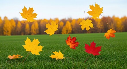 Bright yellow and red maple leaves floating and falling over vibrant green grass in autumn