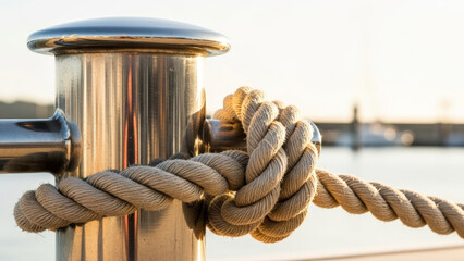 Close up of sturdy rope tied to metal bollard at harbor with water and boats in background. Strong rope knot on shiny metal post adds nautical charm, perfect for maritime themes.