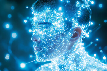 Dreamy ethereal human figure emerging from swirling colorful light smoke mystical atmosphere, created generative ai technology