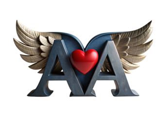 Double letter A with wings and red heart, metallic finish, isolated on a transparent background