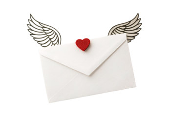 White envelope with sketched wings and red glitter heart, isolated on a transparent background