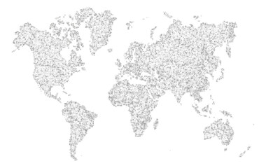 Rounded globe showing continents and national boundaries. Isolated world map with textured grain effect. Ideal for travel themes and business infographics. Flat vector style.