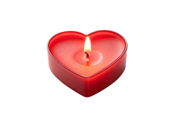 Heart-shaped red candle burning with warm flame, romantic Valentine's décor, isolated on a transparent background