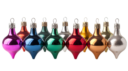 Set of Christmas tree ornaments in assorted metallic colors isolated on white background