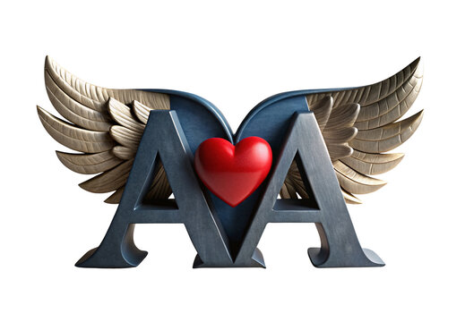 Double letter A with wings and red heart, metallic finish, isolated on a transparent background