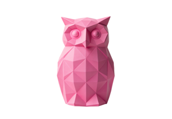 Pink faceted owl sculpture with pointed ears, modern geometric design, isolated on a transparent background