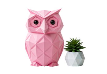 Pink geometric owl figurine with succulent plant in pot, isolated on a transparent background
