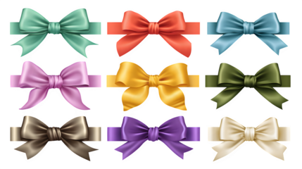 Set of realistic gift ribbons and bows in multiple colors isolated on white background