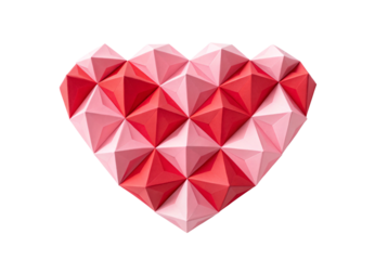 Low poly geometric heart shape with pink and red triangular facets, isolated on a transparent background