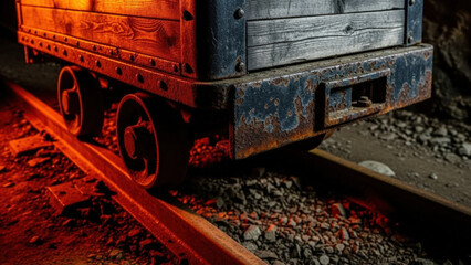Close-up view of mining cart on rusty rails in underground tunnel. Mining cart showcases rustic design and weathered wood on tracks covered with gravel.