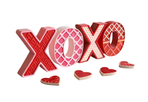3D XOXO letters with geometric patterns and small heart cookies, isolated on a transparent background - Powered by Adobe