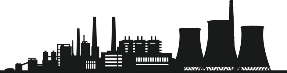 Industrial Power Plant and Factory Complex Silhouette Vector, Heavy Manufacturing Industry, Energy Production, Air Pollution, and Global Warming Concept.