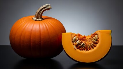 Fresh Orange Pumpkin Whole And Sliced With Seeds On Dark Background.