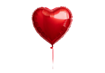 Red foil heart balloon with ribbon on white background, isolated on a transparent background