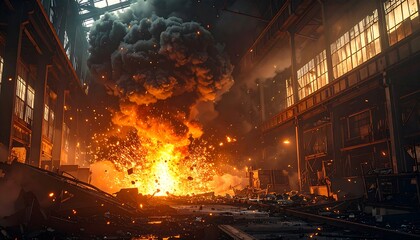 Inferno at the industrial site with a massive fireball engulfing the landscape