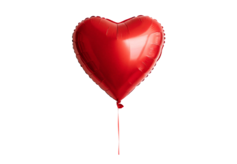 Red metallic heart-shaped balloon with ribbon attached, isolated on a transparent background