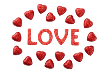 Red glittery hearts surrounding word LOVE in sparkle letters, isolated on a transparent background