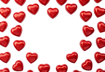 Red glossy hearts scattered in pattern on white surface, isolated on a transparent background