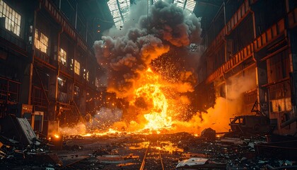 Fiery spectacle explosion within a decaying industrial edifice landscape