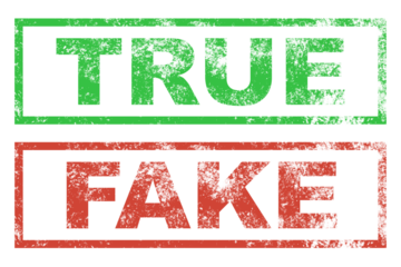 True green and fake red stamp sign set, vintage true fake seal signs illustration in PNG isolated on transparent background