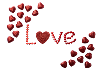 Red sparkle hearts arranged spelling LOVE with decorative border, isolated on a transparent background