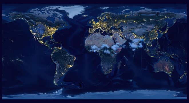 Global World Map Showing Nighttime City Lights and Dark Blue Ocean View from Space