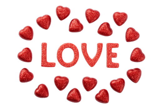 Red glittery hearts surrounding word LOVE in sparkle letters, isolated on a transparent background - Powered by Adobe