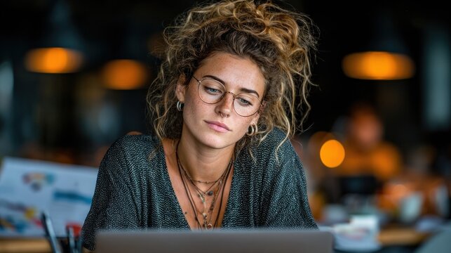 A young woman, focused at a laptop with curly hair, glasses, jewelry, and a thoughtful expression