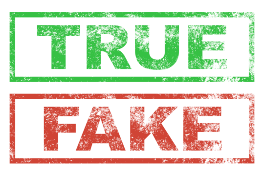 True green and fake red stamp sign set, vintage true fake seal signs illustration in PNG isolated on transparent background