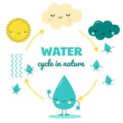The water cycle in nature in the educational system for children in kindergarten and school. A lovely drop of water