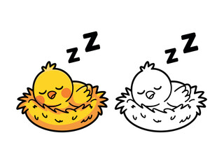 A cute yellow chick sleeps peacefully in a cozy nest, with 'zzz' floating above.