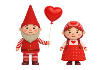 Cute gnome couple holding heart balloon in festive attire, isolated on a transparent background