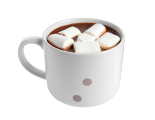 Delicious hot chocolate topped with whipped cream and marshmallows in a beautiful mug on a.  transparent background.