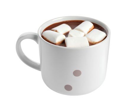 Delicious hot chocolate topped with whipped cream and marshmallows in a beautiful mug on a.  transparent background.