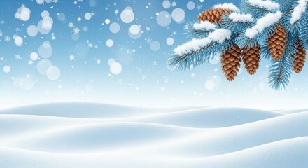 Snowy Winter Landscape Background with Pine Branch, Pine Cones, and Bokeh Snow Effect